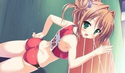 bloomers blush brown_hair buruma double_bun from_behind game_cg green_eyes hair_intakes highres looking_back midriff moonstone princess_evangile saeki_nao sagisawa_chiho short_hair sports_bikini sports_bra tied_hair twintails waving