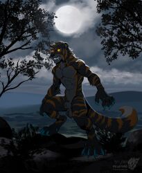 anthro big_feet canid canine claws clenched_teeth fangs feet felid feline fox glowing glowing_eyes hi_res hybrid male mammal moon muscular night pantherine plant solo standing teeth tiger tree vallhound