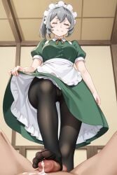 1boy 1boy1girl 1girls ai_generated closed_eyes dungeon_ni_deai_wo_motomeru_no_wa_machigatteiru_darou_ka female flanofart foot_fetish footjob footwear girl_on_top grey_hair maid maid_headdress pantyhose smiling smiling_at_viewer syr_flover tagme