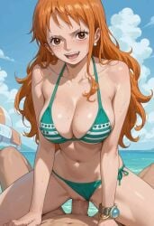 1boy 1girl ai_generated beach bikini bikini_bottom_aside blue_sky blush bracelet breasts brown_eyes cleavage clothing_aside cloud collarbone cowgirl_position day earrings erection female girl_on_top green_bikini hetero jewelry large_breasts long_hair looking_at_viewer male monkey_d_luffy nami nami_(one_piece) navel ocean one_piece open_mouth orange_hair outdoors palm_tree penis pov pubic_hair pussy pussy_juice sex sky smile solo_focus spread_legs squatting_cowgirl_position straddling swimsuit trewg001 uncensored vaginal vaginal_penetration veins veiny_penis