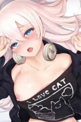 artist_request black_shirt blue_eyes female_focus game_cg hands_up headphones headphones_around_neck jacket large_breasts long_hair looking_at_viewer nijigen_kanojo no_bra on_back one_breast_out open_jacket pink_hair ruri_rurigaki_(nijigen_kanojo) shirt_pull tearing_up