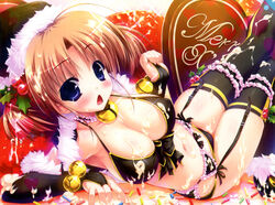 1girls bell bikini black_bikini black_gloves black_legwear blue_eyes blush breasts bridal_gauntlets brown_hair christmas cleavage cream cropped elbow_gloves erect_nipples female garter_belt gloves hair_bobbles hair_ornament high_resolution jingle_bell lying merry_christmas navel open_mouth rotated sexually_suggestive shintarou short_twintails side-tie_bikini solo sparkle string_bikini swimsuit thigh_gap thighhighs tied_hair twintails