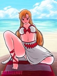 beach beach_towel blush braid breasts brown_eyes brown_hair chestnut_hair feet female fingering fingering_self fingers_in_pussy fingers_on_pussy galaxee_nut hair navel ocean only pussy sand solo spread_legs spread_pussy spreading swimsuit sword_art_online thick_thighs thighs yuuki_asuna