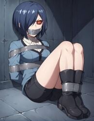 1girls ai_generated angry arms_tied_behind_back black_sclera blue_hair bondage bound_ankles gag gagged ghoul hair_over_one_eye kirishima_touka looking_at_viewer red_eyes tape_gag tokyo_ghoul