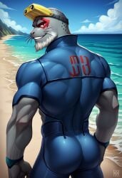 1boy ai_generated anthro ass back biceps blush furry gay goggles grey_skin looking_back male male_only muscular muscular_male my_hero_academia selkie_(my_hero_academia) smile spotted_seal toned_body toned_male twall97