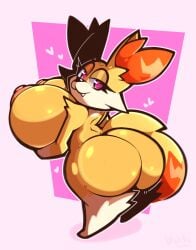 anthro areola ass big_breasts big_butt breasts female fennekin generation_6_pokemon heart_symbol hi_res huge_breasts huge_butt hyper hyper_breasts inner_ear_fluff looking_back nintendo nipples nude pink_eyes pokemon pokemon_(species) solo tail tuft wolito