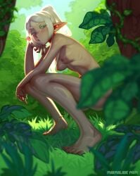 breasts completely_nude convenient_censoring elf exhibitionism female forest frieren grass highres looking_at_viewer marmalade_mum marmalademum nature nipples nude outdoors peeing plant pointy_ears public_indecency shade solo sousou_no_frieren squatting sunlight tree twintails vines white_hair