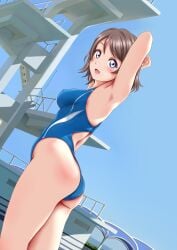 ass brown_hair female from_behind love_live! love_live!_sunshine!! one-piece_swimsuit short_hair solo swimsuit watanabe_you