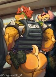 2boys absurd_res anthro ass ass_focus big_butt bowser dragonmilk duo gay hair hi_res horn horns humanoid koopa looking_back male male_only mammal mario_(series) mario_and_luigi:_bowser's_inside_story mario_and_luigi_(series) midbus muscular muscular_anthro muscular_male nintendo police police_uniform red_hair scalie spiked_bracelet spiked_collar suid suina tail thick_thighs