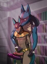 2024 anthro anubis anubis_(pal) balls black_body black_fur blue_eyes blush brown_body deity digital_media_(artwork) duo egyptian egyptian_mythology erection fur gem generation_4_pokemon genitals hi_res humanoid_genitalia humanoid_penis kinktober lucario male male/male middle_eastern_mythology mythology nintendo nipples nude pal_(species) palworld penis pocketpair pokemon pokemon_(species) red_eyes scarlet_side simple_background size_difference smile tail