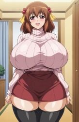 ai_generated bare_legs gigantic_breasts hair_ribbon hhh_triple_ecchi huge_breasts huge_thighs konami_(hhh) light-skinned_female light_skin long_hair looking_at_viewer massive_breasts milkersenjoyer miniskirt orange_hair pink_eyes smiling solo_female sweater thick_body thick_female thick_thighs thighs voluptuous voluptuous_female