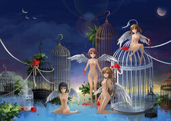 4girls aincrad ayano_keiko birdcage blue_eyes blue_hair breasts brown_eyes brown_hair cage elf female female_only highres huazha01 lisbeth long_hair multiple_girls nude pink_hair sachi_(sao) shinozaki_rika short_hair short_twintails silica sword_art_online tied_hair twintails uncensored wings yuuki_asuna