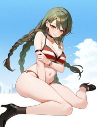 ai_generated big_breasts bikini braided_hair green_hair nutaku project_qt swimsuit tiffany_(project_qt) yellow_eyes