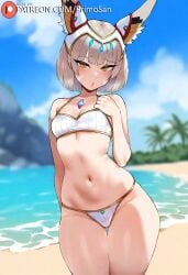 :o ai_generated animal_ears beach bikini cat_ears core_crystal embarrassed gray_hair hand_on_own_chest medium_breasts navel nia_(xenoblade) primosan pussy_juice revealing_clothes short_hair standing thigh_gap xenoblade_(series) yellow_eyes