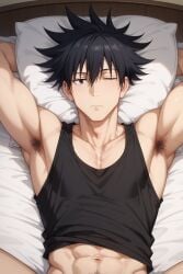 1boy abs ai_generated another_megumi armpit_hair armpits arms_behind_head arms_up bangs bara bed bed_sheet black_eyes black_hair black_tank_top bottomless closed_mouth collarbone fushiguro_megumi hair_between_eyes jujutsu_kaisen looking_at_viewer lying male_focus male_pubic_hair muscular muscular_male navel on_back on_bed one_eye_closed out-of-frame_censoring pectorals pillow pubic_hair short_hair solo spiked_hair tank_top upper_body