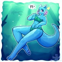 !! 2d 2d_(artwork) 3_toes 5_fingers anthro anthro_female anthro_only background belly belly_button blue_body cat_tail curious detailed_background external_gills eyebrows eyelashes female female_focus female_only furless furry furry_female furry_only gills green_clothing green_swimwear long_hair nagifur pawpads paws pink_eyes pink_gills pink_pawpads plantigrade rain_world rivulet_(rain_world) shaded shaded_background slugcat small_breasts solo solo_anthro solo_female solo_furry strapless_topwear thick_tail thick_thighs thought_bubble underwater video_game_character videocult water white_iris