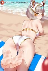 ai_generated animal_ears ass ass_focus beach bikini cat_ears feet foot_fetish foot_focus from_behind gray_hair looking_back lying medium_breasts nia_(xenoblade) on_stomach primosan pussy_juice revealing_clothes short_hair thigh_gap xenoblade_(series) yellow_eyes