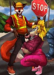 2022 anthro balls big_breasts black_nose blonde_hair bodily_fluids breasts canid canine clothed clothed_anthro clothed_female clothed_male clothing crouching cum cum_in_mouth cum_inside duo duo_(artist) ear_piercing ear_ring fangs felid fellatio female fox fur genital_fluids genitals gloves hair handwear hi_res hoop_ear_ring huge_breasts humanoid_hands licking licking_lips male male/female mammal markings multicolored_body multicolored_fur nipples oral original_character outside outside_sex pantherine penile penis penis_in_mouth piercing purple_body purple_fur red_body red_fur ring_piercing road sex signature snow_leopard spots spotted_body spotted_fur standing stop_sign tail tan_body tan_fur teeth tiffany_valentine_(ghostwolf) tongue two_tone_body two_tone_fur white_body white_fur