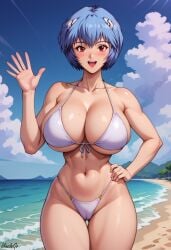 1girls ai_generated ai_hands beach big_breasts bikini blue_hair blush bob_cut cleavage huge_breasts looking_at_viewer neon_genesis_evangelion red_eyes rei_ayanami self_upload short_hair smile stable_diffusion teenager thick_thighs unclego waving white_bikini