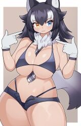 1girls big_breasts bikini bikini_top black_hair fur_collar gloves grey_wolf_(kemono_friends) heterochromia kemono_friends kemonomimi mofumofumachine multicolored_hair simple_background skindentation solo thick_thighs tie_between_breasts white_hair wide_hips wolf_ears wolf_girl wolf_tail