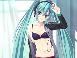 1girls aqua_eyes arm_up blue_eyes blue_hair blush bow_bra bra breasts cleavage curtains digital_media_player female flat_chest hatsune_miku head_tilt headphones holding ipod jacket lingerie long_hair off_shoulder open_clothes pointy_chin smile solo tied_hair track_jacket twintails underwear very_long_hair vocaloid window yamakaze_ran