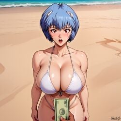 1girls ai_generated beach big_breasts bikini blue_hair blush bob_cut bribe cleavage faceless_male holding_money huge_breasts implied_prostitution looking_at_viewer neon_genesis_evangelion posing red_eyes rei_ayanami self_upload short_hair stable_diffusion standing teenager thick_thighs unclego white_bikini