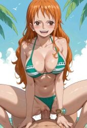 1boy 1girl ai_generated beach bikini bikini_bottom_aside blue_sky blush bracelet breasts brown_eyes cleavage clothing_aside cloud collarbone cowgirl_position day earrings erection female girl_on_top green_bikini hetero jewelry large_breasts long_hair looking_at_viewer male monkey_d_luffy nami nami_(one_piece) navel ocean one_piece open_mouth orange_hair outdoors palm_tree penis pov pubic_hair pussy pussy_juice sex sky smile solo_focus spread_legs squatting_cowgirl_position straddling swimsuit trewg001 uncensored vaginal vaginal_penetration veins veiny_penis