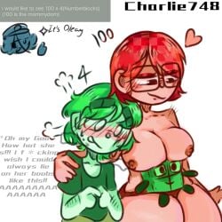 100_(numberblocks) 1boy 1girls 4_(numberblocks) arm_around_partner arm_around_shoulder big_ass big_breasts big_girl blush charlie748 doll female/male four_(numberblocks) glasses green_body green_hair mommy numberblocks one_hundred_(numberblocks) panties_only plushie red_body red_eyes red_hair short_hair shorter_male shy_boy taller_girl text think_bubble underwear_only