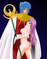 1boy 1girls abel_(saint_seiya) ass ass_focus athena_(saint_seiya) blood_related blue_hair breasts brother_and_sister clothed_male completely_nude completely_nude_female deity female female_focus from_behind god goddess gods grabbing_ass hand_on_ass incest legs light-skinned_female light-skinned_male light_skin long_hair male male/female male_focus nude nude_female open_mouth purple_hair rear_view saint_seiya saori_kido shounen_jump straight thighs