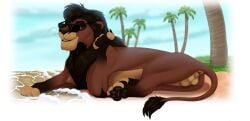 animal_genitalia anus balls beach beckoning eyewear felid feral genitals gesture hi_res karibu99 karibu99_(artist) lion looking_at_viewer lying male mammal on_side pantherine pawpads sheath smile solo sunglasses