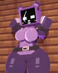 1girls 3d animal_humanoid anthro bear belt belt_collar big_breasts breasts canid clothed clothing coresvoid curvy curvy_body curvy_female curvy_figure digital_media_(artwork) epic_games eye_scar facial_scar female female_only fortnite fur genitals hi_res humanoid looking_at_viewer mammal microsoft mine-imator minecraft mojang multicolored_fur purple_body raven_team_leader scar simple_background solo solo_female wooden_wall xbox_game_studios