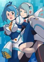 2girls blue_background blue_eyes blue_hair blush bodysuit censored commentary_request futa_with_female futanari highres holding_another's_leg hypericum_(mppv1862) ico_(mega_man) long_hair mega_man_(series) mega_man_x_(series) mega_man_x_dive mosaic_censoring multiple_girls no_testicles open_mouth rico_(mega_man) robot_girl sex short_hair side_ponytail spread_legs standing standing_on_one_leg torn_bodysuit torn_clothes vaginal_penetration