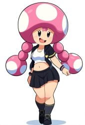 aged_up ai_generated alternate_costume female_focus mario_(series) miniskirt mushroom_girl mushroom_humanoid navel nintendo novelai pink_hair simple_background super_mario_bros. toadette twin_braids white_background