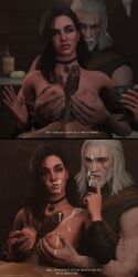 1girls 2boys 3d assisted_paizuri blender_(software) breasts_out cd_projekt_red choker cuckold cum cum_in_mouth cum_on_breasts cum_on_cuckold cum_on_face dark-skinned_male gay geralt_of_rivia huge_cock humiliation missed_call paizuri pov pov_eye_contact smile text the_witcher_(series) the_witcher_3:_wild_hunt threesome yennefer