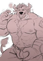 abs anothereidos_of_dragon_vein_r anthro body_hair bovid bovine bulge_grab cattle chest_hair ear_piercing ear_tag facial_piercing hair happy_trail hi_res koginoro_28 male mammal muscular muscular_male nipple_piercing nipples nose_piercing nose_ring pecs piercing pubes ring_piercing self_grope solo tongue tongue_out volund volund_(anothereidos_r)