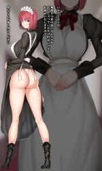 absurdres alternate_version_available apron ass bare_legs black_dress black_footwear blue_eyes boots breasts closed_mouth clothes_lift collared_dress commentary_request dress dress_lift female highres hisui_(tsukihime) juliet_sleeves large_breasts leotard lifting_own_clothes long_sleeves looking_at_viewer maid maid_apron maid_headdress maruyaa_(malya1006) multiple_views neck_ribbon parted_lips presenting puffy_sleeves red_hair red_ribbon ribbon short_hair solo thighs translation_request tsukihime white_apron white_leotard