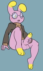 1boy 2012 aintsmart aliasing balls blush bottomless clothes erection eyewear glasses jacket male male_only masturbation nintendo open_mouth penis pink plain_background pokémon_(species) pokemon pokemorph sitting solo sweater whismur yellow_eyes