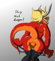 anthro ass big_butt blonde_hair bushiroad clothing digital_media_(artwork) dragon drum_bunker_dragon english_text featureless_crotch future_card_buddyfight gradient_background hair hi_res horn looking_at_viewer looking_back looking_back_at_viewer macro710 male multicolored_body multicolored_skin mythological_creature mythological_scalie mythology nude orange_body orange_skin presenting presenting_hindquarters raised_tail rear_view red_body red_skin scalie simple_background smile solo tail tail_aside text thatweirdguy thong tongue tongue_out two_tone_body two_tone_skin underwear undressing yellow_eyes