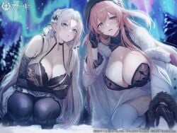 2girls aurora_borealis azur_lane blue_eyes cleavage crossed_arms elbow_gloves fur_trim hair_ornament hat kronshtadt_(azur_lane) kurono_mitsuki large_breasts light-skinned_female light_skin looking_at_viewer northern_parliament_(azur_lane) official_art outdoors pantyhose snow squatting sweat volga_(azur_lane) white_hair yellow_eyes