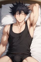 1boy ai_generated another_megumi arm_behind_head arm_up armpit_hair armpits bangs bara bed black_eyes black_hair black_male_underwear black_tank_top blush boxer_briefs briefs bulge closed_mouth fushiguro_megumi hair_between_eyes jujutsu_kaisen large_pectorals looking_at_viewer lying male_focus male_underwear muscular muscular_male on_back on_bed one_eye_closed pectorals pillow short_hair solo spiked_hair tank_top thighs underwear