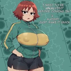 ai_generated kim_pine looking_at_viewer massive_breasts nipple_bulge scott_pilgrim scott_pilgrim_takes_off smogai text