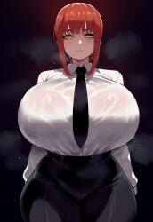 ai_generated chainsaw_man cuffyai fully_clothed hands_behind_back huge_breasts looking_at_viewer makima_(chainsaw_man) red_hair sweat sweatdrop tagme wide_hips