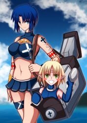 2girls absurdres arm_tattoo bag bare_arms blonde_hair blue_eyes blue_hair breasts chest_tattoo ciel_(tsukihime) cleavage cloud cloudy_sky cross crucifix earrings green_eyes highres jewelry kagetsu_tooya looking_at_viewer medium_breasts melty_blood multiple_girls nanako navel panties pointy_ears sakurello seventh_holy_scripture short_hair simple_background skirt sky smile stomach tattoo thighs tomboy tooya) tsukihime underwear waving