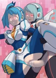 2girls blue_hair blush bodysuit censored commentary_request cum cum_in_pussy futa_with_female futanari glowing glowing_eyes highres holding_another's_leg hypericum_(mppv1862) ico_(mega_man) long_hair mega_man_(series) mega_man_x_(series) mega_man_x_dive mosaic_censoring multiple_girls no_testicles open_mouth red_background red_eyes rico_(mega_man) robot_girl sex short_hair side_ponytail spread_legs standing standing_on_one_leg torn_bodysuit torn_clothes vaginal_penetration