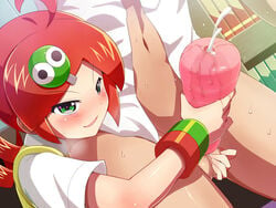 andou_ringo artificial_vagina assertive bottomless brown_hair brush caressing_testicles censored cg clothed_female_nude_male cum dark_skin ejaculation erokosei green_eyes handjob highres human konpeto male mosaic_censoring navel open_mouth penis penis_grab puyo_puyo puyo_puyo_7 reach_around sega short_hair testicle_grab testicles wet