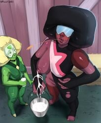 2girls absurdres afro black_hair blonde_hair blush bodysuit bottle breasts colored_skin costume dress farm fusion garnet_(steven_universe) gem glasses gloves green_bodysuit green_skin highres lactation large_breasts milk milk_bottle multiple_girls nipples non-web_source peridot_(steven_universe) red_skin short_hair smile steven_universe sunglasses