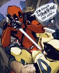 2boys blood bodysuit bulge claws deadpool deadpool_&_wolverine_(2024) english_text erection_under_clothes gay heart-shaped_pupils holding_sword honda_odyssey imminent_sex katana logan_(x-men) male/male marvel marvel_cinematic_universe marvel_comics mask ponderosa stab superhero_costume utility_belt violence wade_wilson wolverine_(x-men) x-men yaoi