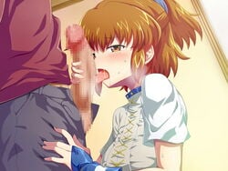 1boy 1girls arle_nadja big_penis brown_eyes brown_hair brush censored cg clothed clothed_sex clothing duo erokosei eyebrows_visible_through_hair faceless_male female half-closed_eyes handjob highres human konpeto licking madou_monogatari male open_clothes open_mouth oral penis puyo_puyo puyo_puyo_fever saliva sega short_hair straight sweat tongue