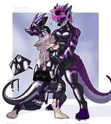 2024 anthro armbinder binder_(restraint) bondage_gear canid canine chastity_bulge chastity_device clothing dominant dominant_anthro dominant_male dragon drone dronesuit dronification duo fox fur furred_dragon furred_scalie glistening glistening_body hands_behind_back hi_res latex latex_clothing latex_skinsuit lock_bulge maefeline male mammal mythological_creature mythological_scalie mythology restraints scalie skinsuit slim_anthro slim_male submissive submissive_anthro submissive_male tight_clothing