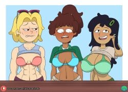 3girls abs amphibia amphibia_(finale) anne_boonchuy artist_logo asian_female big_breasts biting_own_lip bra breast_awe breast_envy breast_size_difference disney disney_channel female female_only giant_breasts hourglass_figure huge_breasts lifted_shirt marcy_wu multiple_girls patreon_username sasha_waybright shocked_expression slim_waist spicypop tagme taiwanese take_your_pick thai white_female